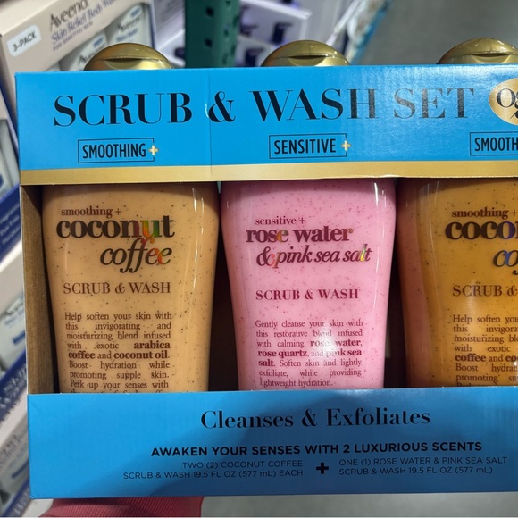 3-pc OGX Scrub & Wash Coconut Coffee Rose Water Exfoliating Cleanser set 19.5oz - Picture 2 of 2